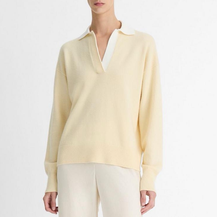 Vince Contrast Collar WoolCashmere Polo Sweater Light Yellow